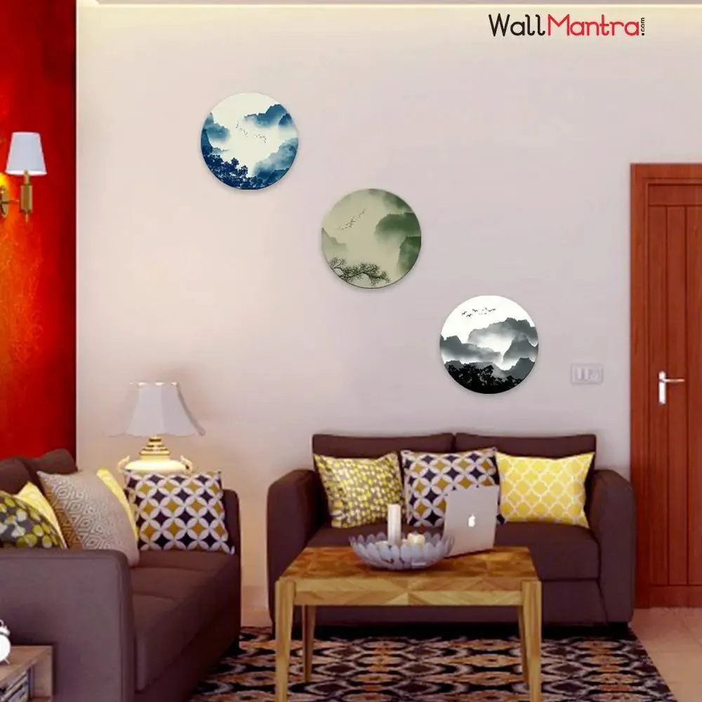 Set of 3 Mountain Scenery Round Shape Canvas wall Painting