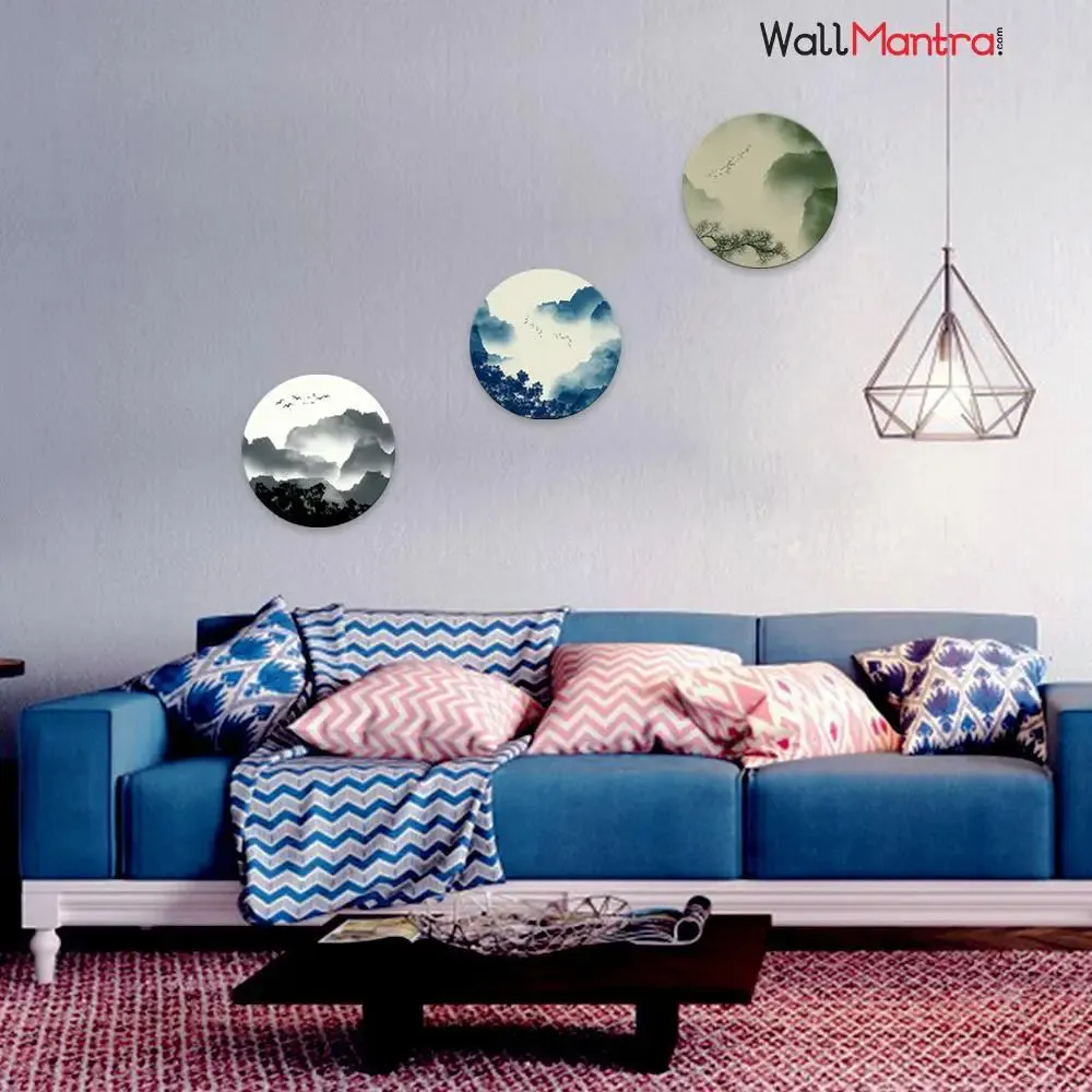 Set of 3 Mountain Scenery Round Shape Canvas wall Painting