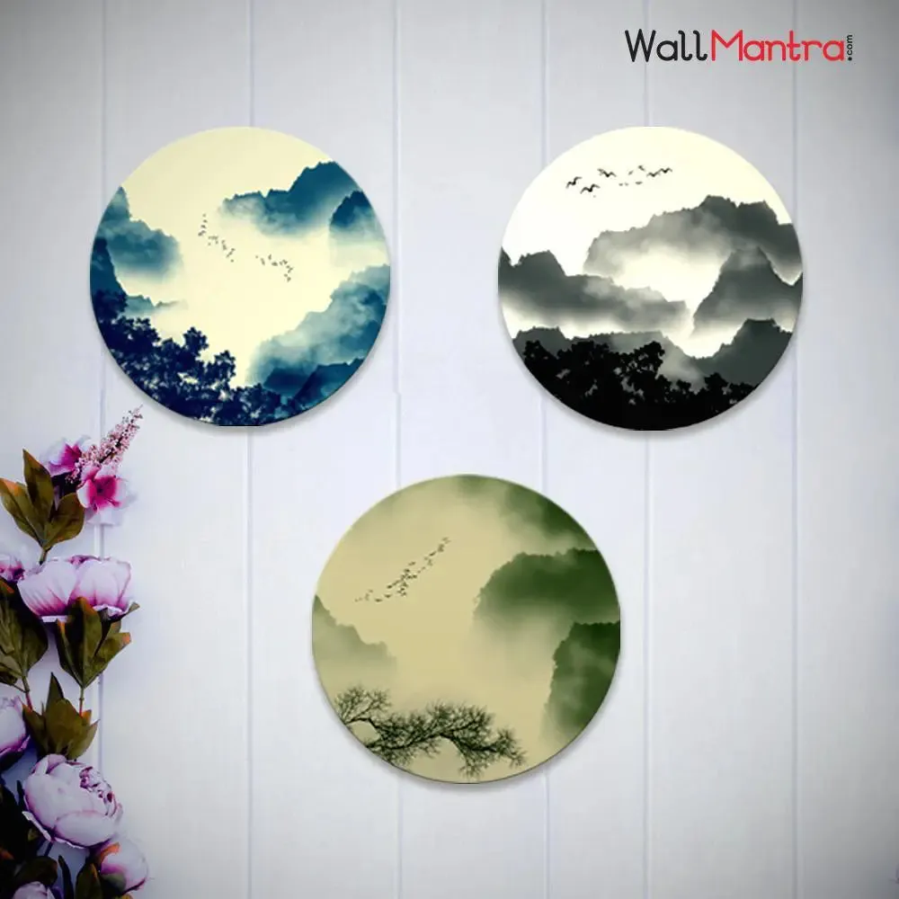 Set of 3 Mountain Scenery Round Shape Canvas wall Painting