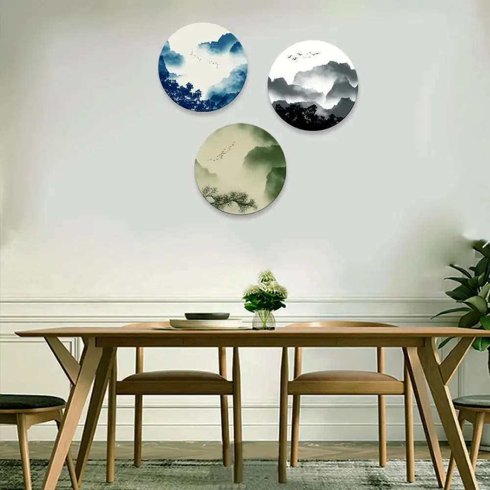Set of 3 Mountain Scenery Round Shape Canvas wall Painting