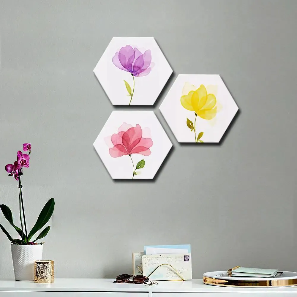 Set of 3 Multi Color Flower Hexagon Shape Canvas Wall Painting