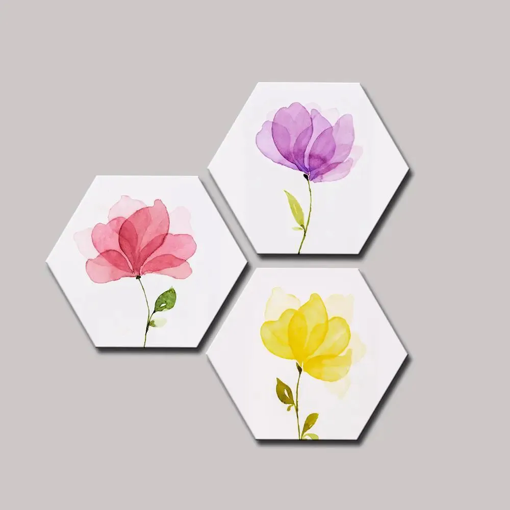 Set of 3 Multi Color Flower Hexagon Shape Canvas Wall Painting
