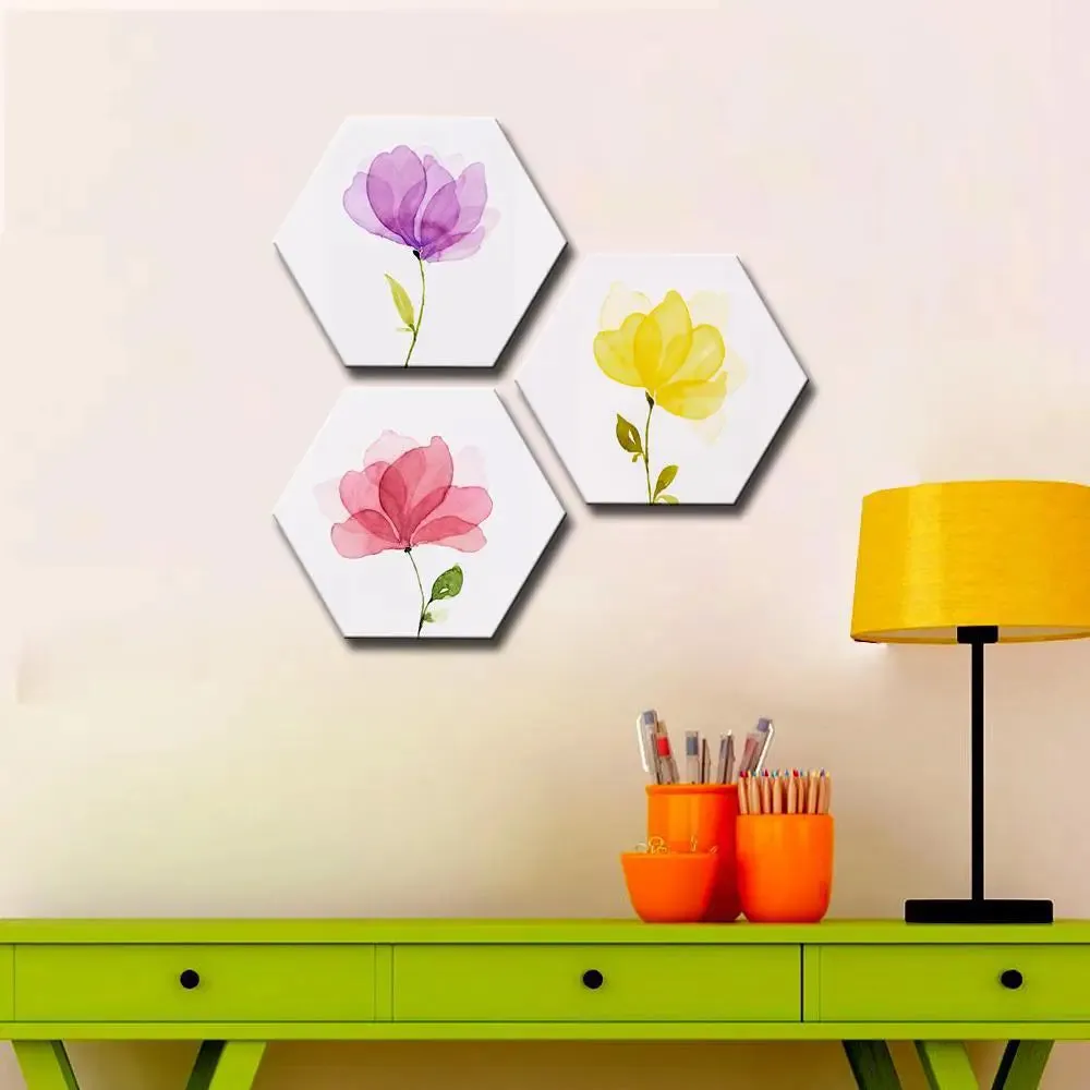 Set of 3 Multi Color Flower Hexagon Shape Canvas Wall Painting
