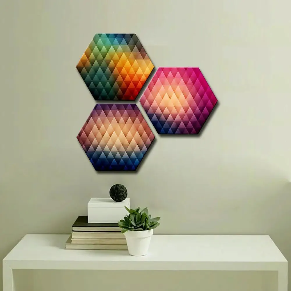 Set of 3 Multi Color Geometric Design Hexagon Shape Canvas Wall Painting