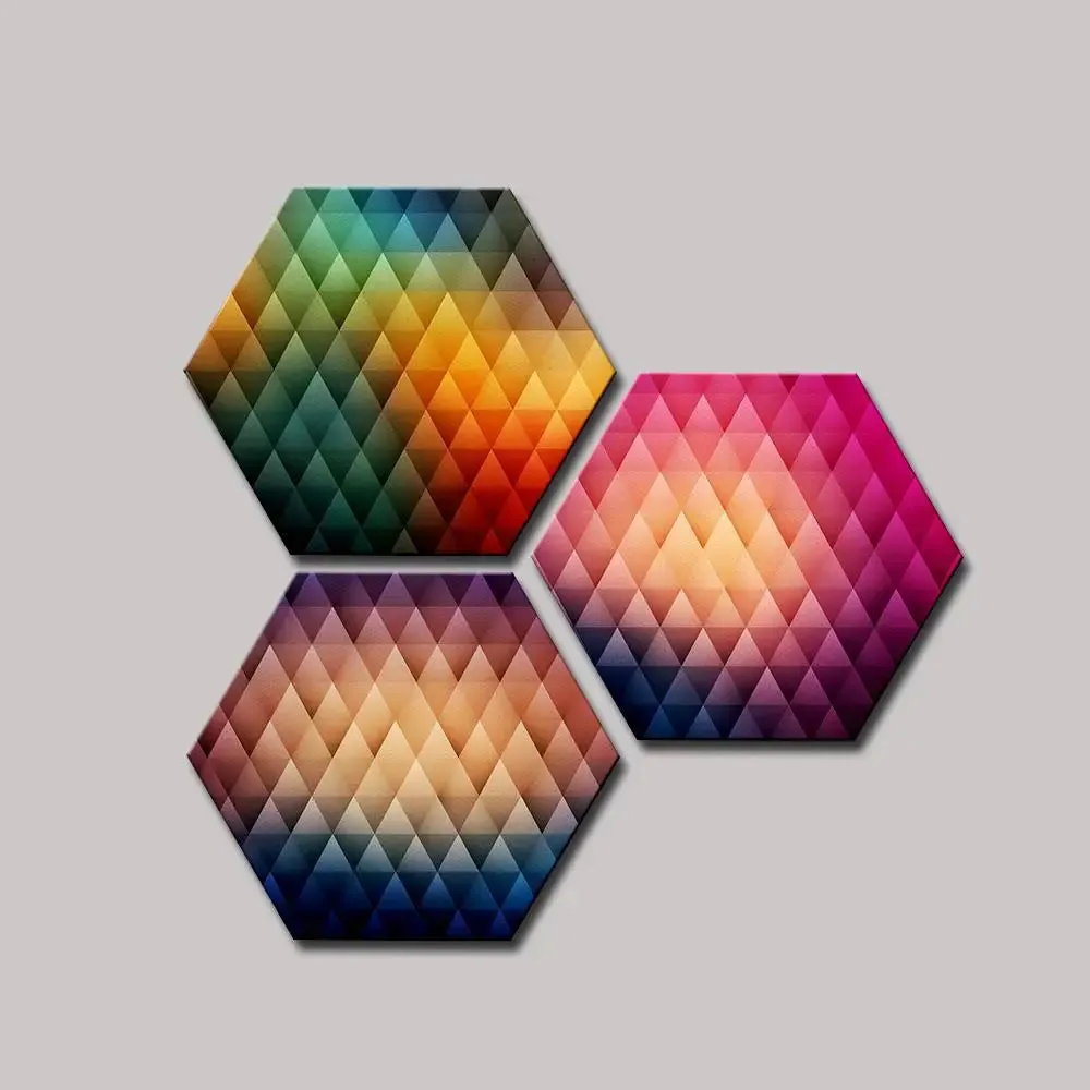 Set of 3 Multi Color Geometric Design Hexagon Shape Canvas Wall Painting