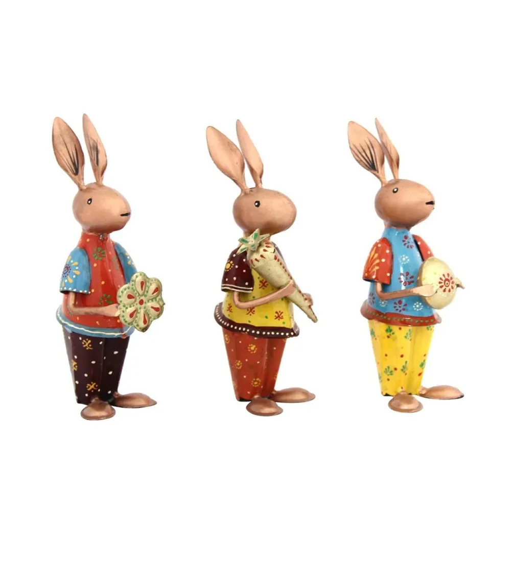 Set of 3 Playing Colorful Rabbits Metal Figurine / Showpiece