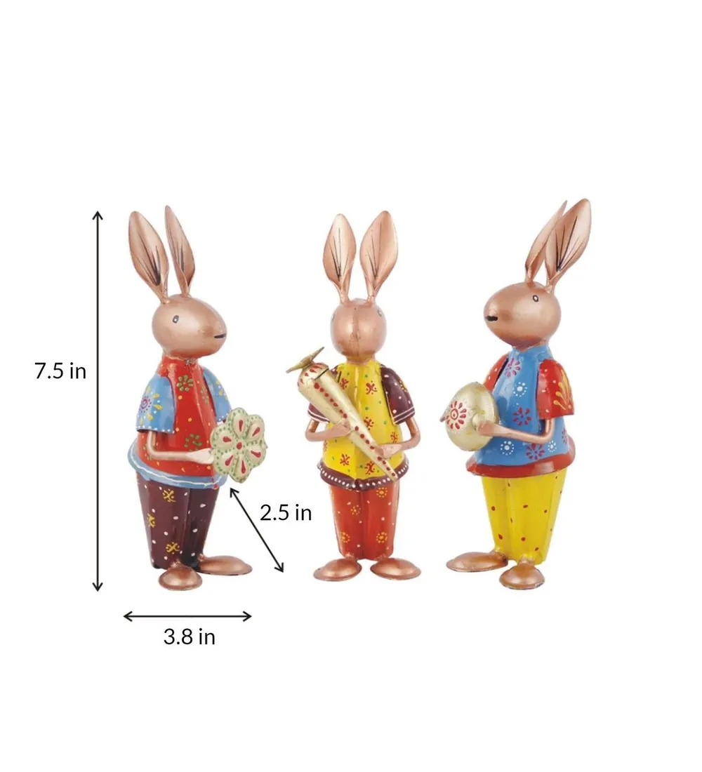Set of 3 Playing Colorful Rabbits Metal Figurine / Showpiece