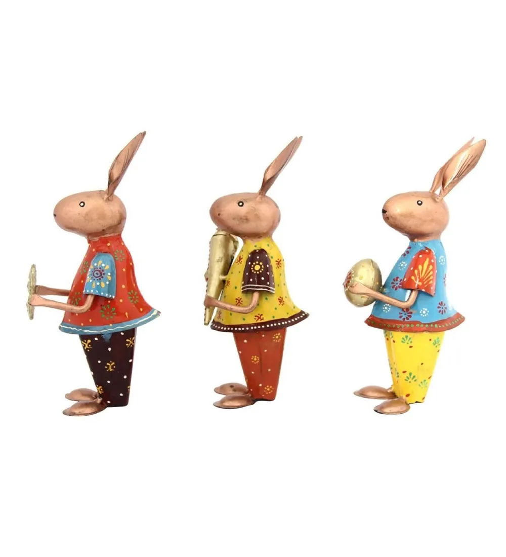 Set of 3 Playing Colorful Rabbits Metal Figurine / Showpiece
