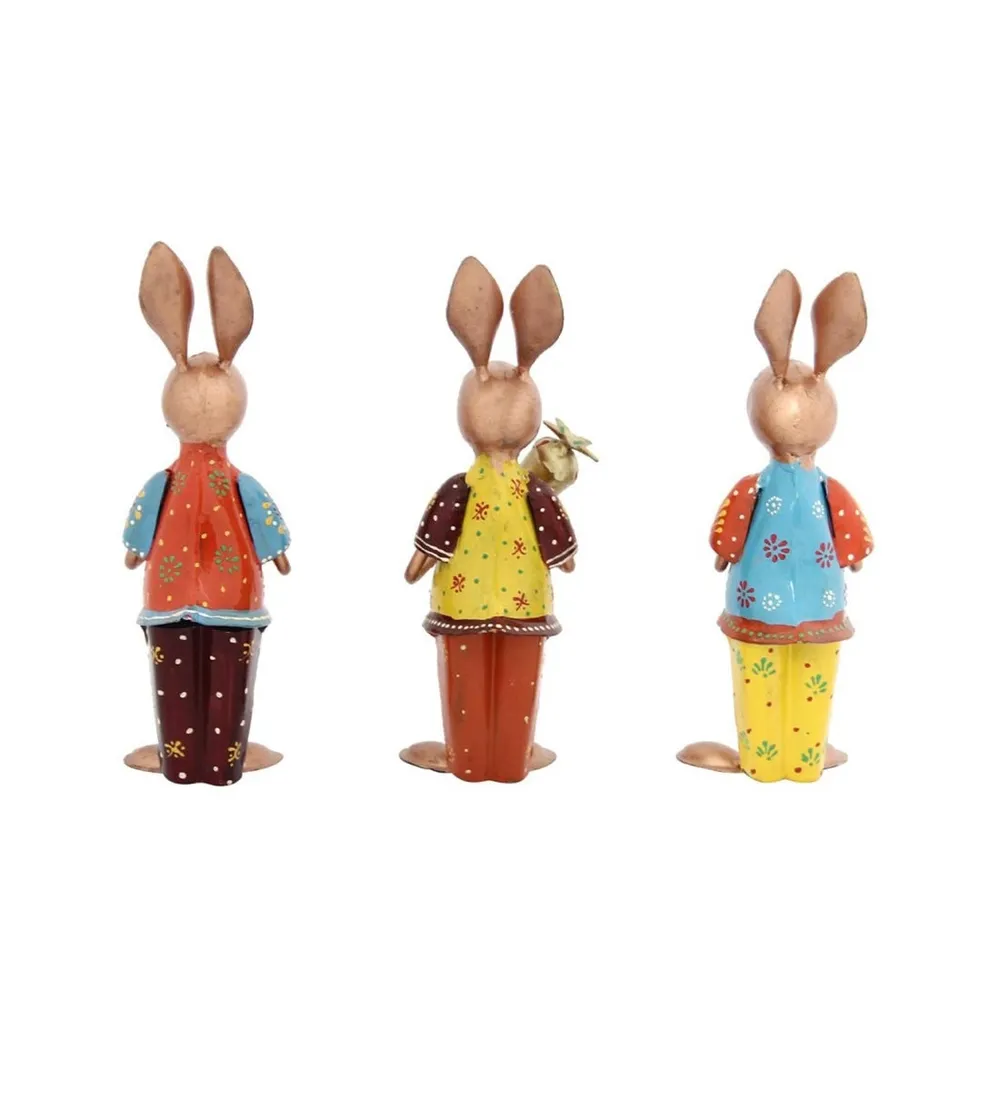 Set of 3 Playing Colorful Rabbits Metal Figurine / Showpiece