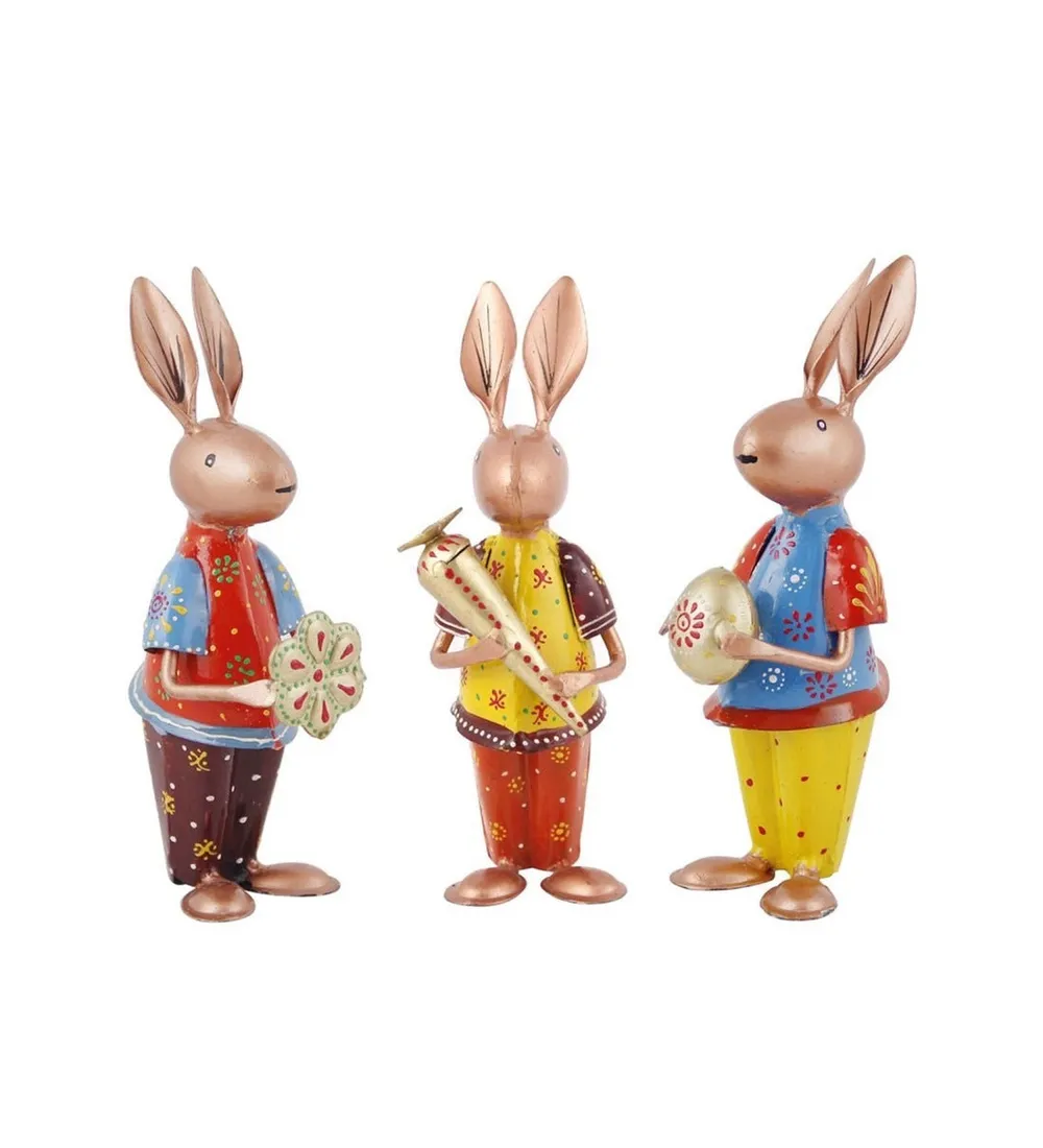 Set of 3 Playing Colorful Rabbits Metal Figurine / Showpiece