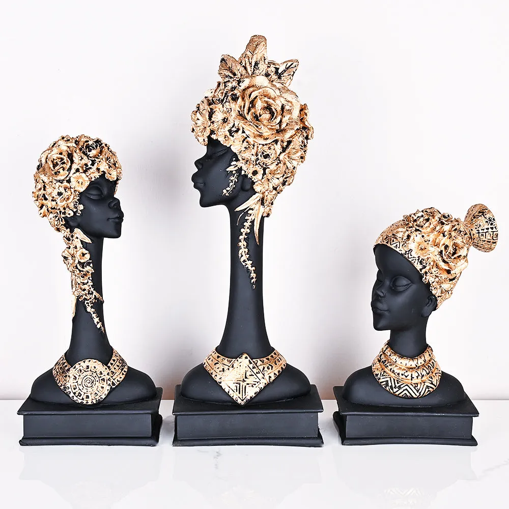 Set of 3 Stunning Black Lady-like Figurines with Gold Accents