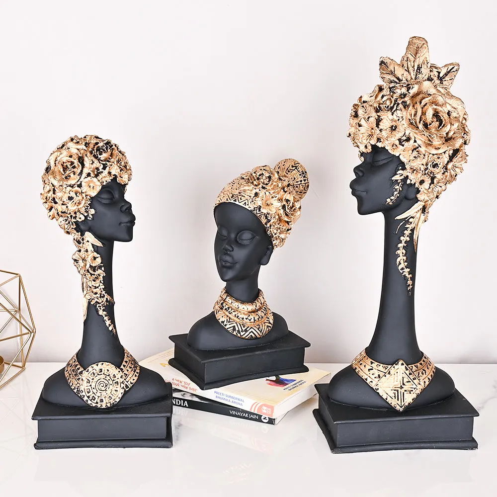 Set of 3 Stunning Black Lady-like Figurines with Gold Accents
