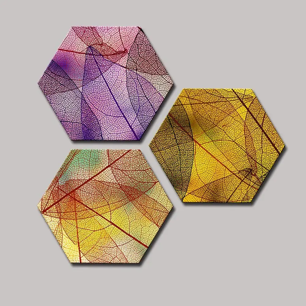 Set of 3 Transparent Autumn Leaves Hexagon Shape Canvas Wall Painting