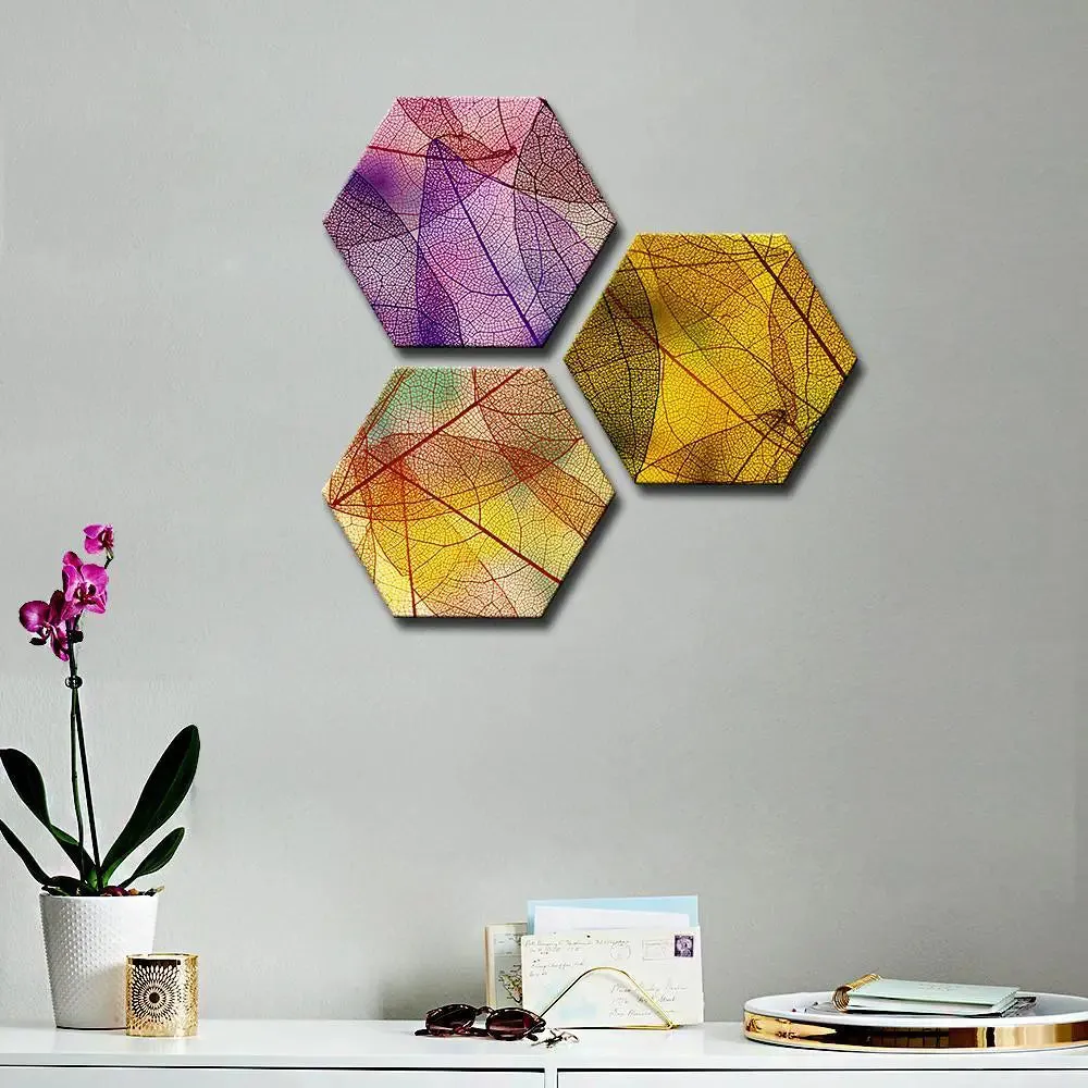 Set of 3 Transparent Autumn Leaves Hexagon Shape Canvas Wall Painting