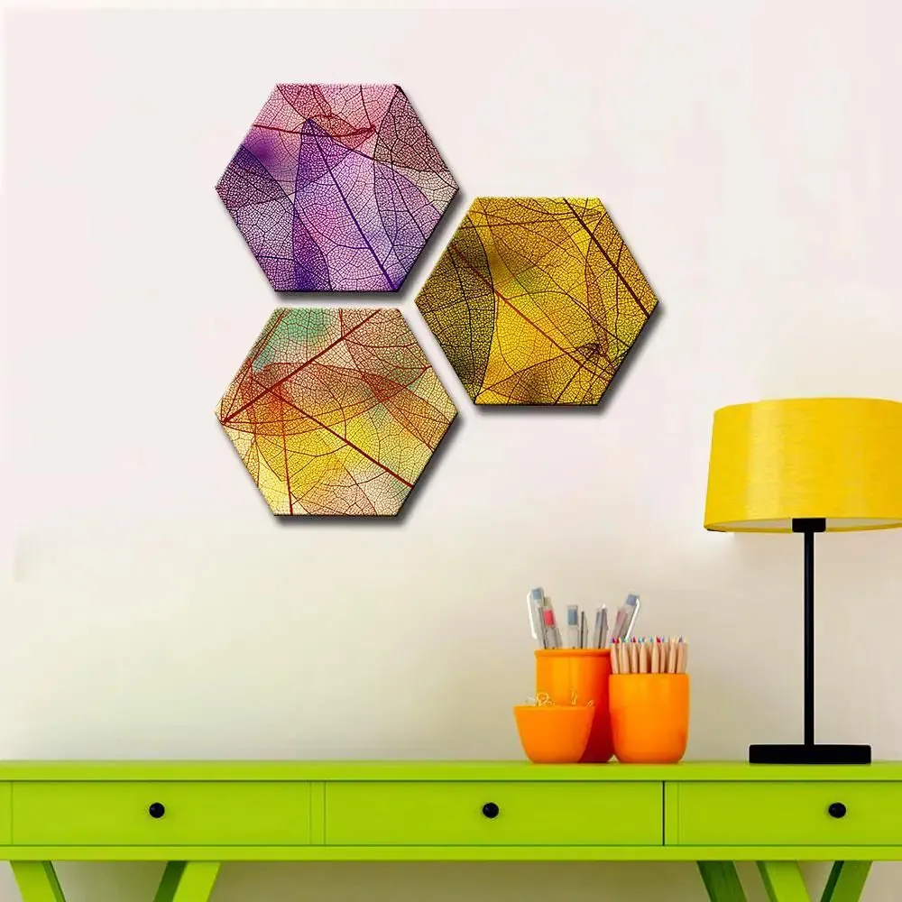 Set of 3 Transparent Autumn Leaves Hexagon Shape Canvas Wall Painting