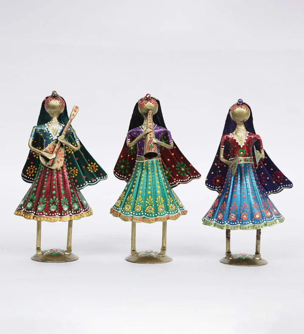 Set of 3 Tribal Lady Musicians Mini Human Figurines / Showpiece