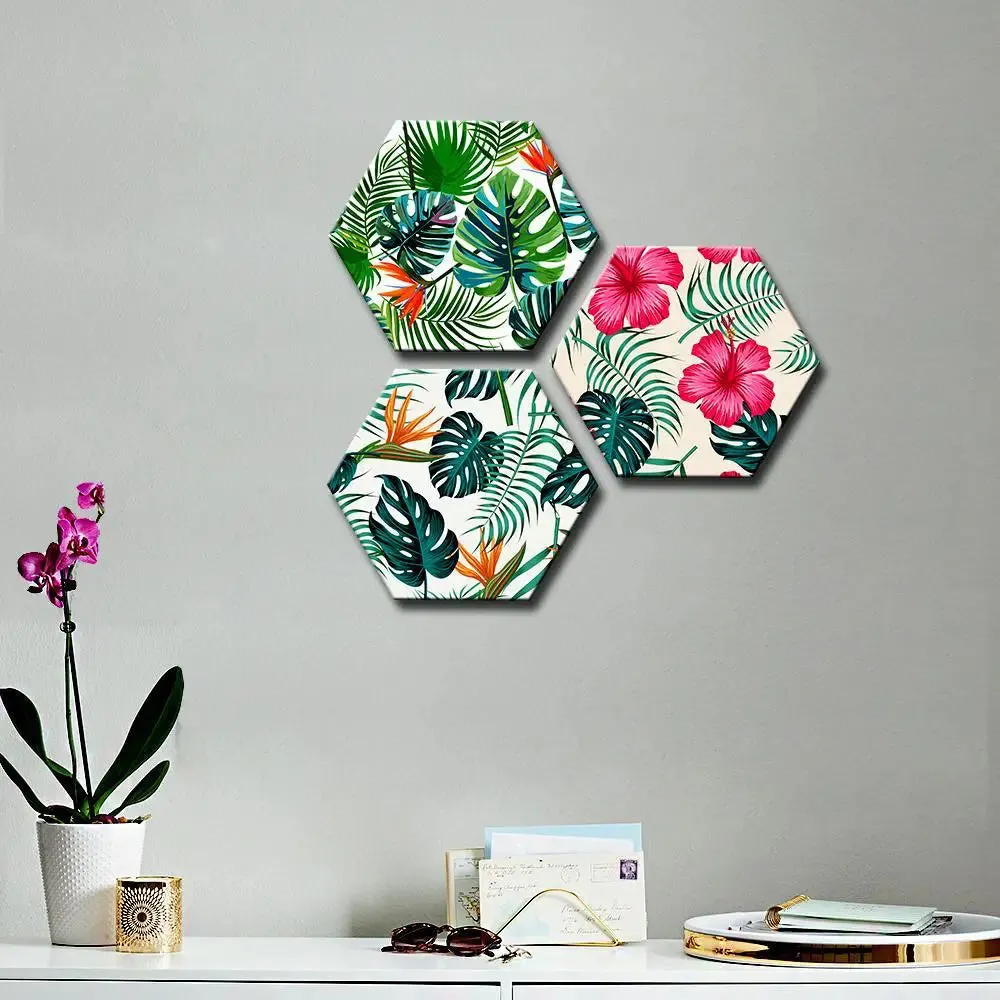 Set of 3 Tropical Leaf with Flowers Hexagon Shape Canvas Wall Painting