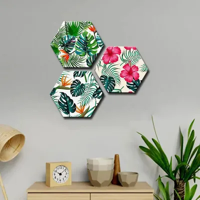 Set of 3 Tropical Leaf with Flowers Hexagon Shape Canvas Wall Painting