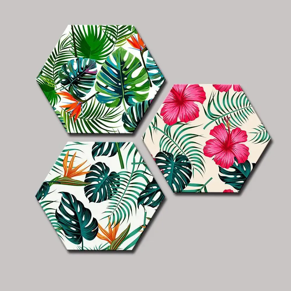 Set of 3 Tropical Leaf with Flowers Hexagon Shape Canvas Wall Painting