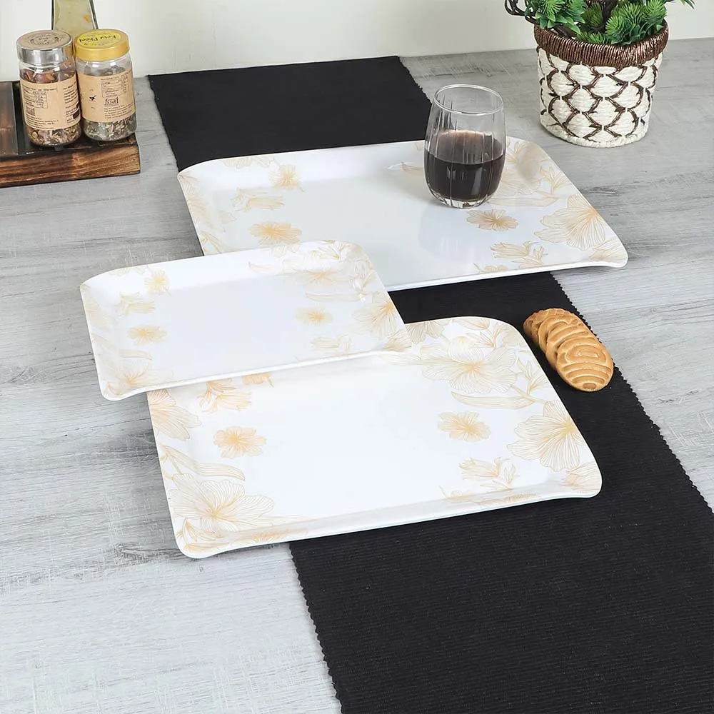 Set of 3 White &amp; Yellow Floral Printed High-Quality Melamine Tray Set