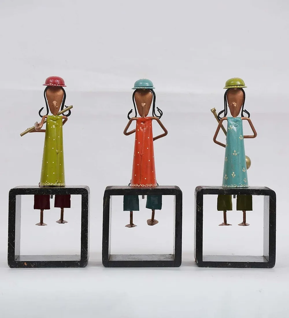 Set of 3 Wood & Metal Composed Lady Musicians Human Figurine / Showpiece