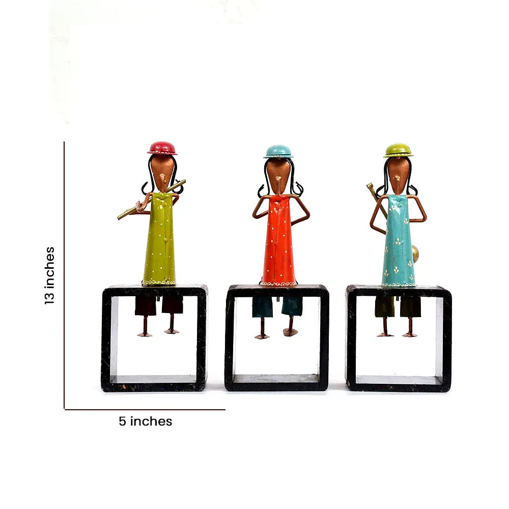 Set of 3 Wood & Metal Composed Lady Musicians Human Figurine / Showpiece