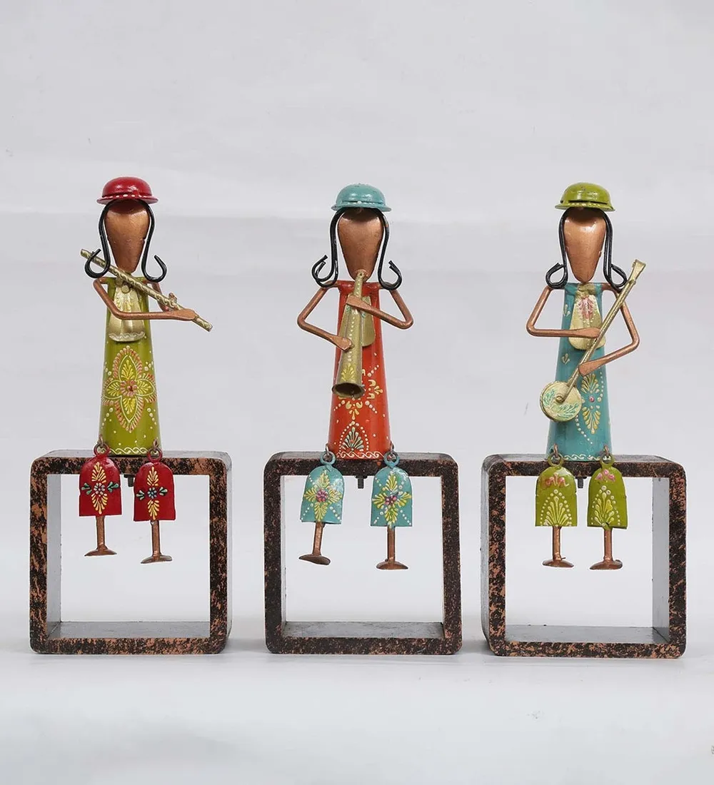 Set of 3 Wood & Metal Composed Lady Musicians Human Figurine / Showpiece
