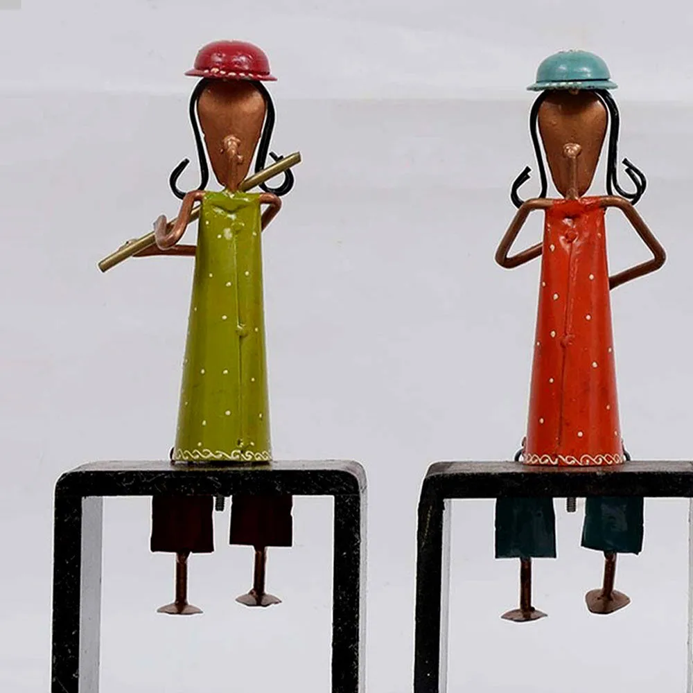 Set of 3 Wood & Metal Composed Lady Musicians Human Figurine / Showpiece