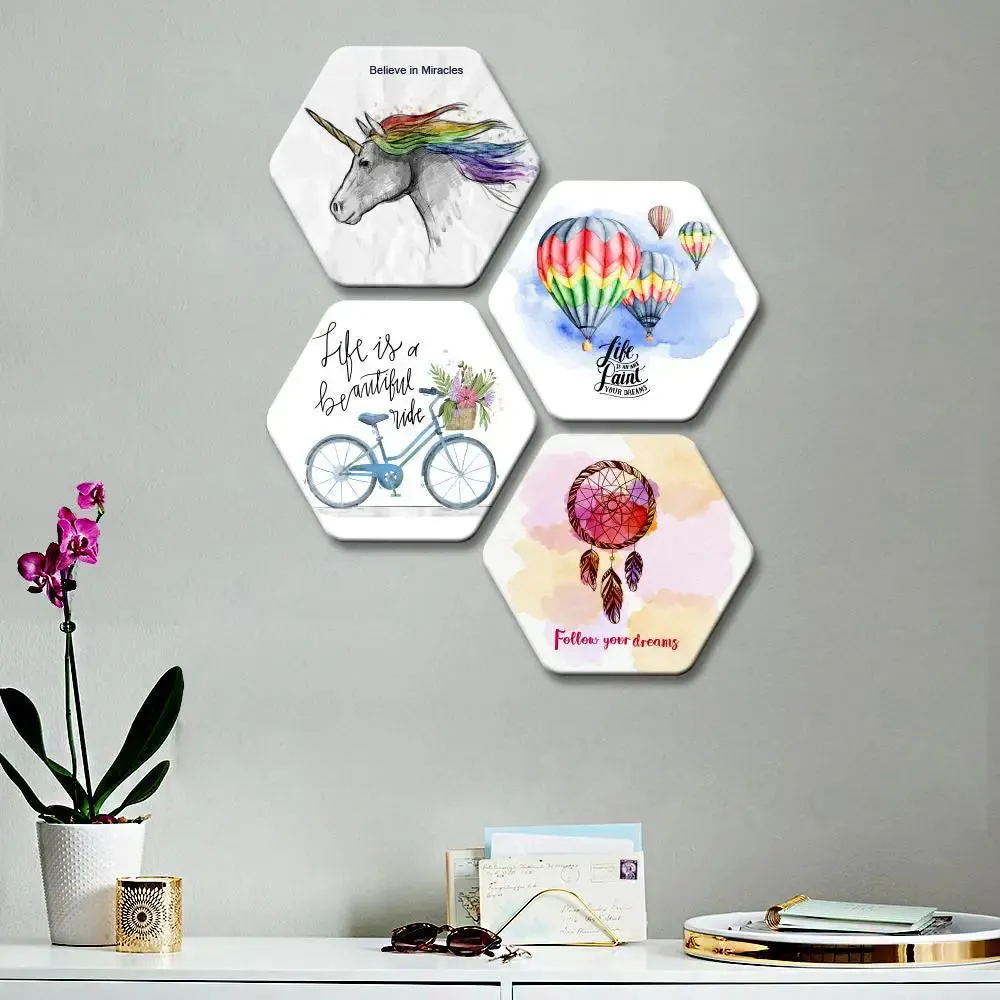 Set of 4 Beautiful Design With Motivation Quote Hexagon Shape Canvas Wall Painting