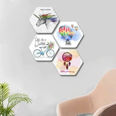 Set of 4 Beautiful Design With Motivation Quote Hexagon Shape Canvas Wall Painting