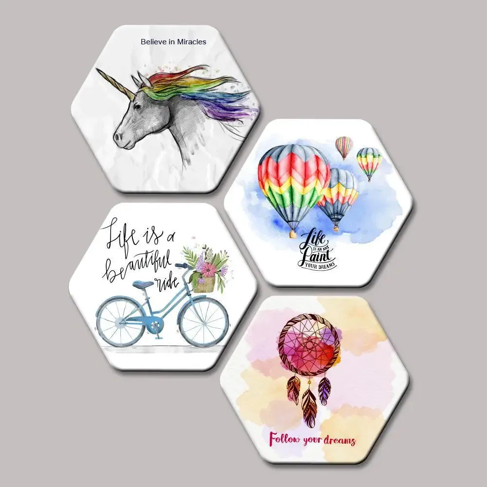 Set of 4 Beautiful Design With Motivation Quote Hexagon Shape Canvas Wall Painting