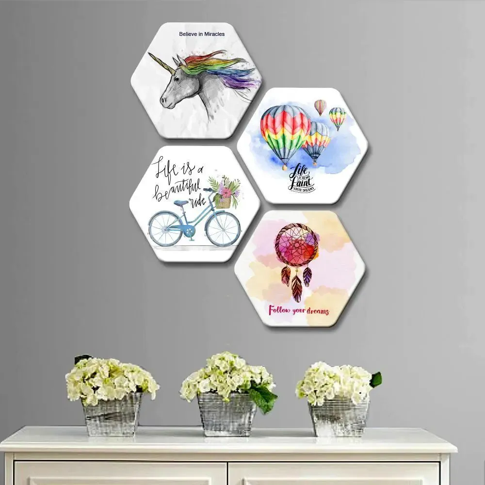 Set of 4 Beautiful Design With Motivation Quote Hexagon Shape Canvas Wall Painting