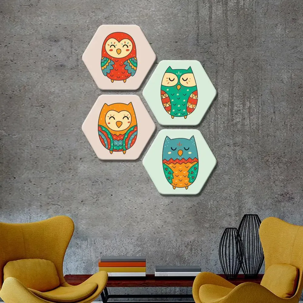 Set of 4 Beautiful Multi Color Owl Hexagon Shape Canvas Wall Painting