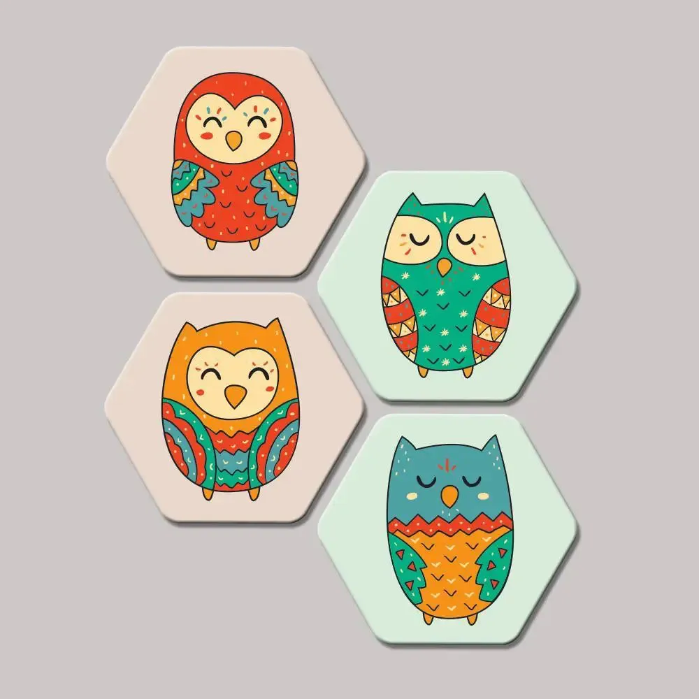 Set of 4 Beautiful Multi Color Owl Hexagon Shape Canvas Wall Painting