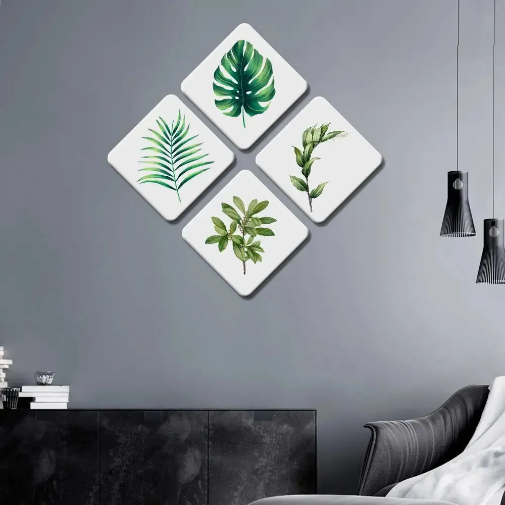 Set of 4 Beautiful Plant Leafs Squire Shape Canvas Wall Painting
