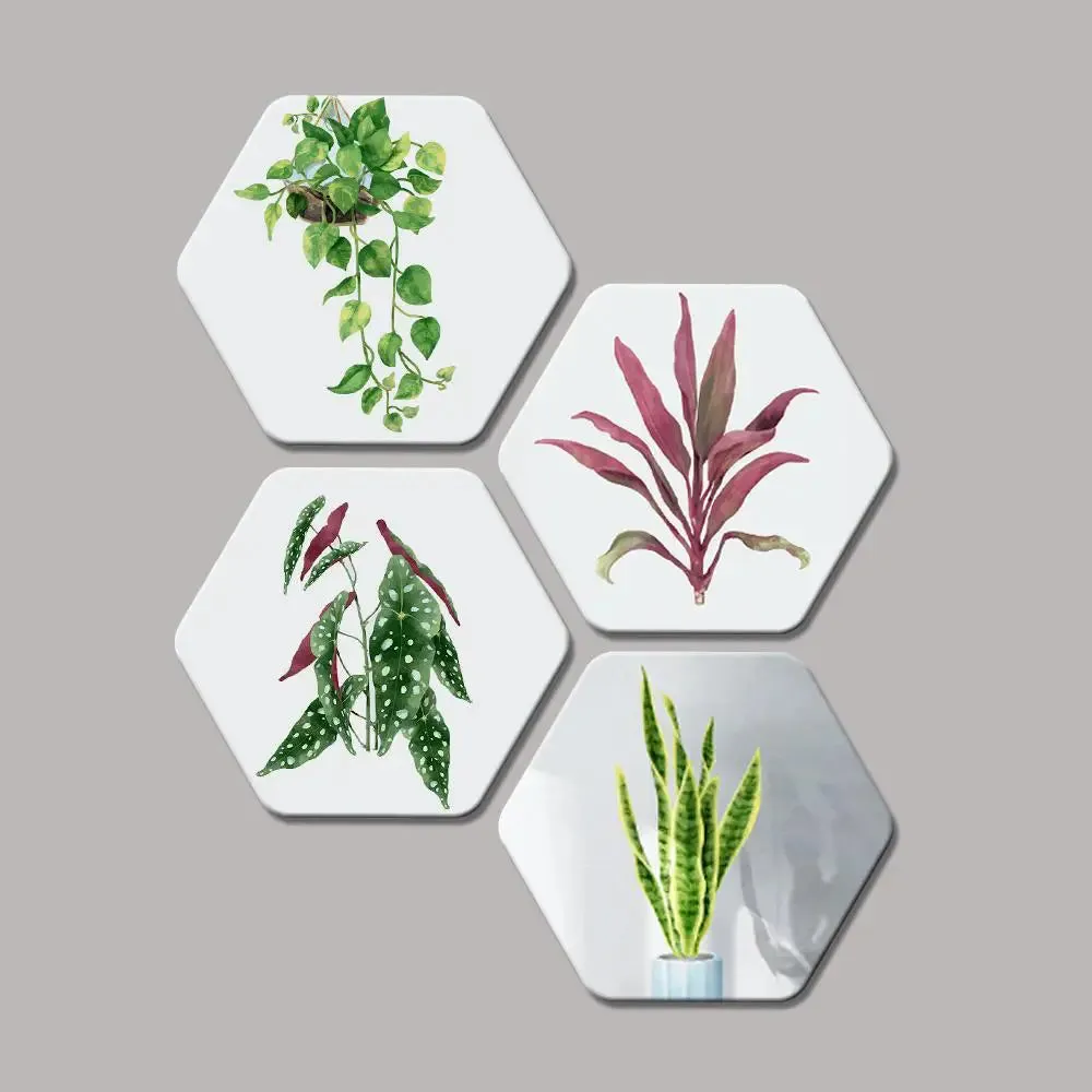Set of 4 Beautiful Plants Hexagon Shape Canvas Wall Painting