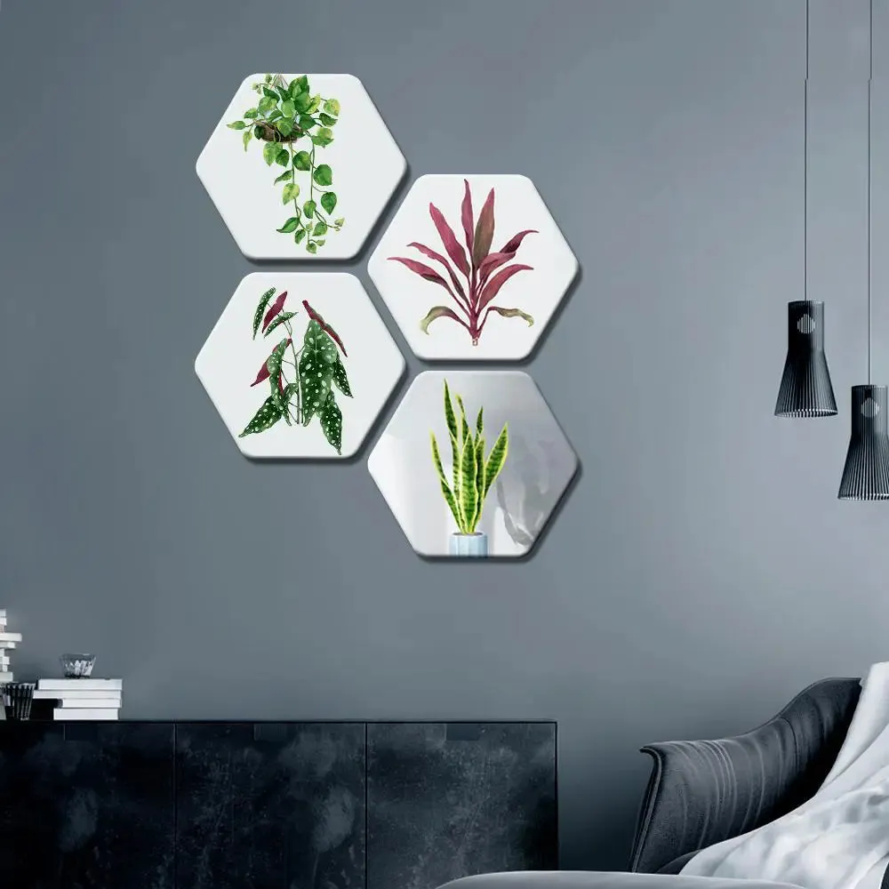 Set of 4 Beautiful Plants Hexagon Shape Canvas Wall Painting