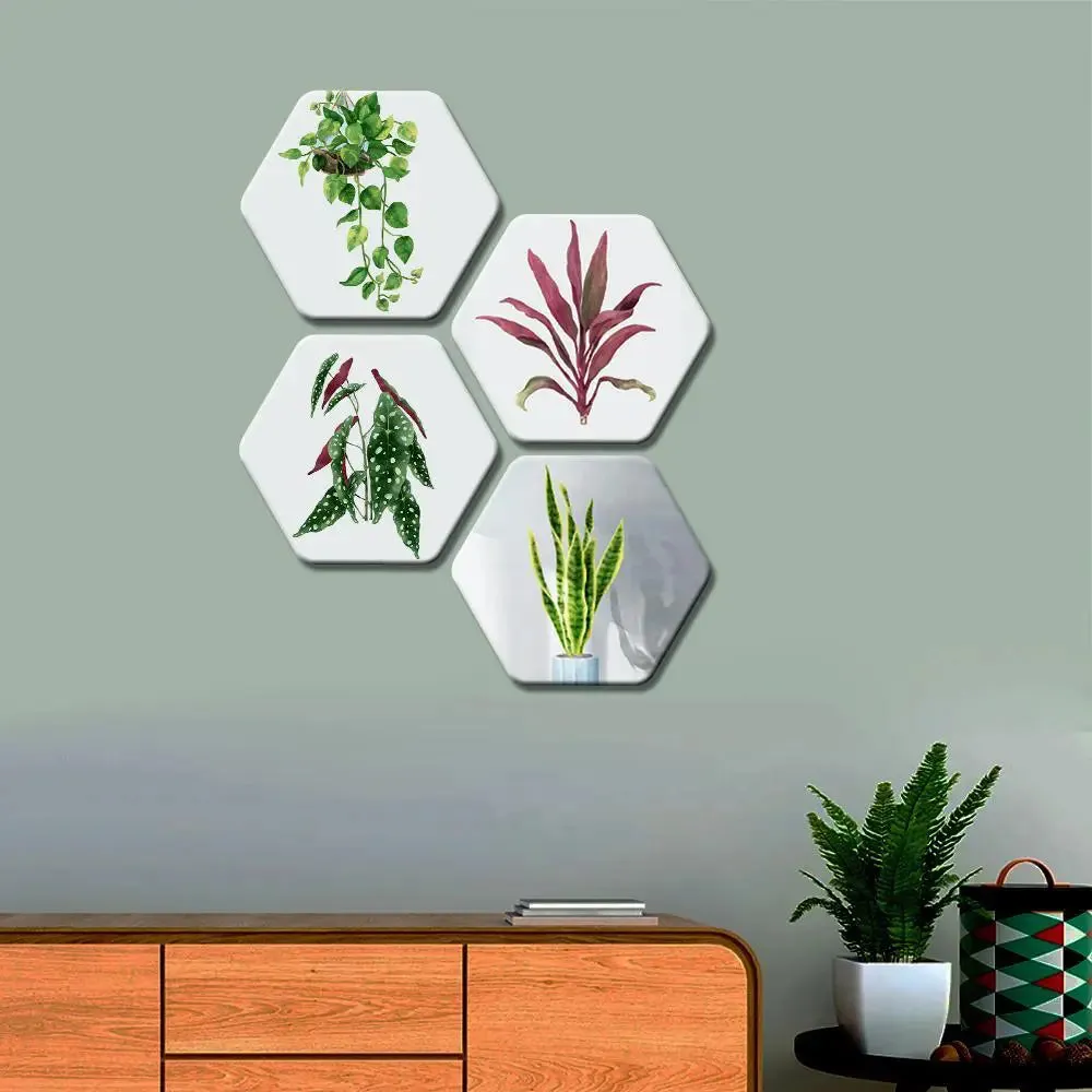 Set of 4 Beautiful Plants Hexagon Shape Canvas Wall Painting