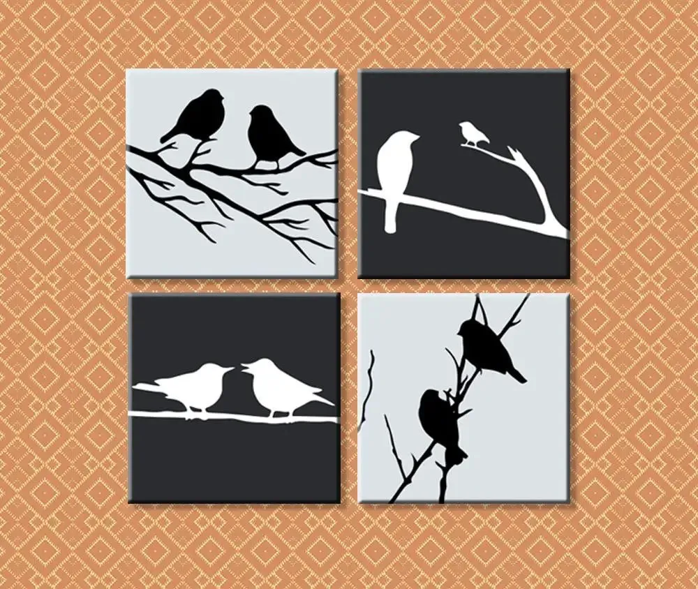 Set of 4 Bird Family Love Wall Painting(Black)/ 4 Pieces Canvas Print 30cm x 30cm Each