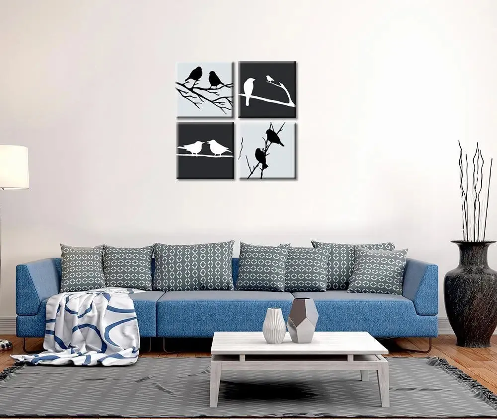 Set of 4 Bird Family Love Wall Painting(Black)/ 4 Pieces Canvas Print 30cm x 30cm Each