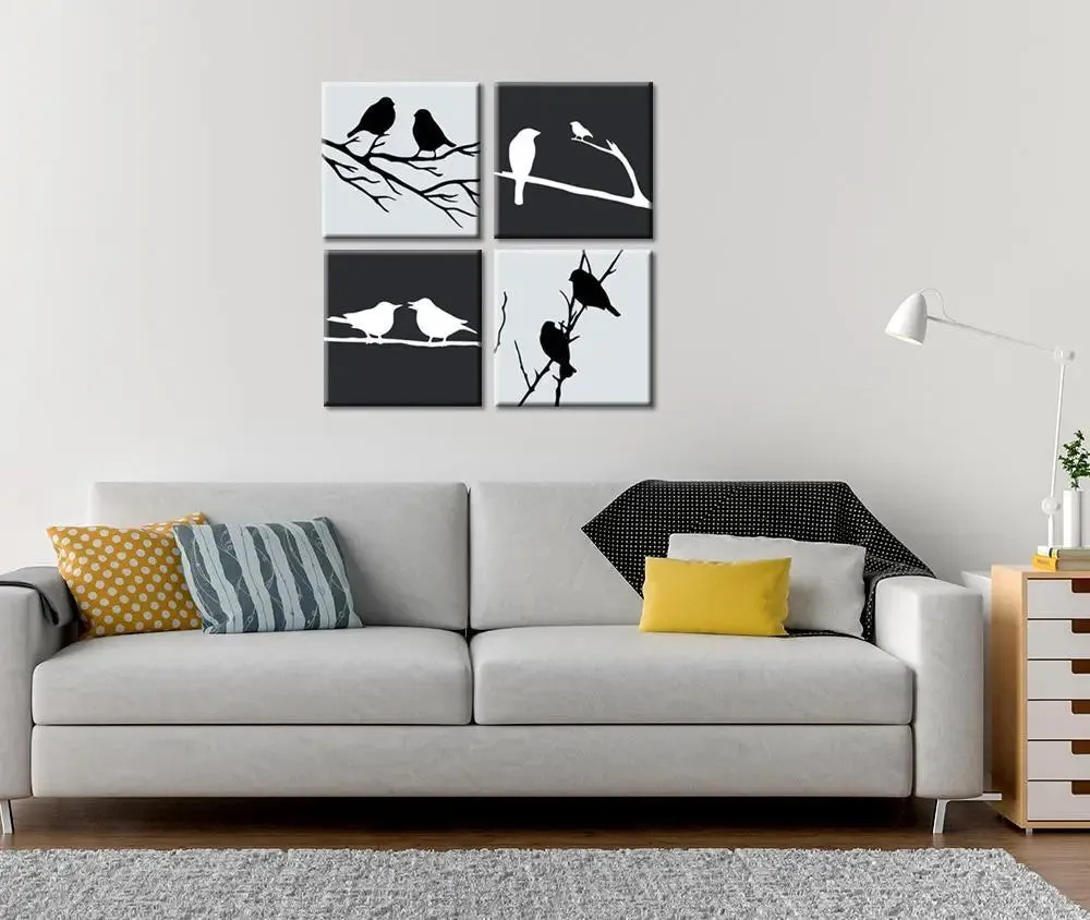 Set of 4 Bird Family Love Wall Painting(Black)/ 4 Pieces Canvas Print 30cm x 30cm Each