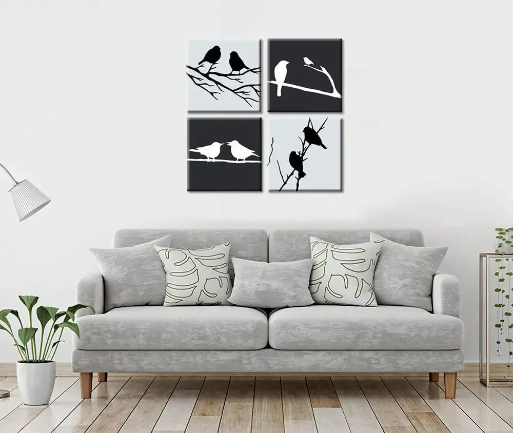 Set of 4 Bird Family Love Wall Painting(Black)/ 4 Pieces Canvas Print 30cm x 30cm Each