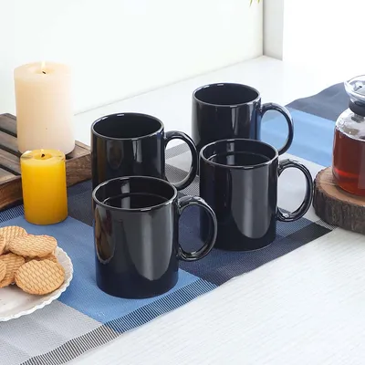 Set of 4 Classic Solid Black Colored High-quality Ceramic Cup Set