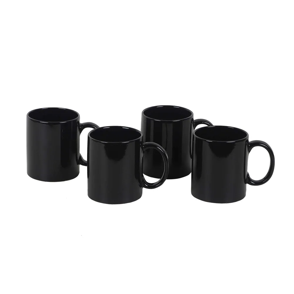 Set of 4 Classic Solid Black Colored High-quality Ceramic Cup Set Without Tray