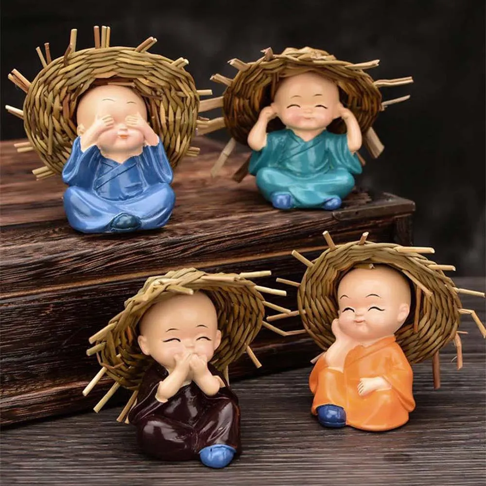 Set of 4 Cute Gesturing Monks With Hat Showpiece