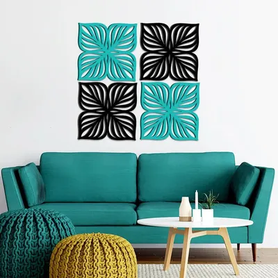 Set of 4 Flower Design Wooden Wall Hanging, Living Room Wooden Wall Decoration