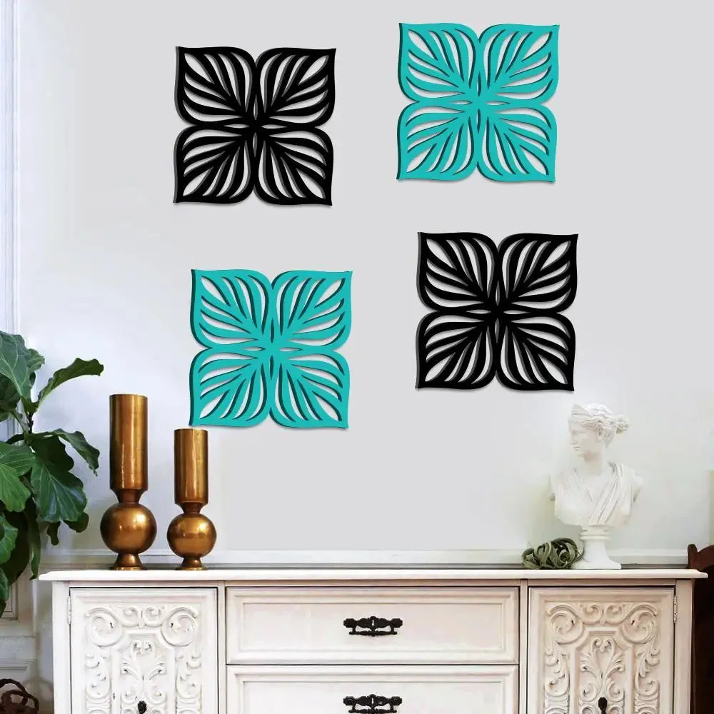 Set of 4 Flower Design Wooden Wall Hanging, Living Room Wooden Wall Decoration Medium(16 inch X 16 inch)
