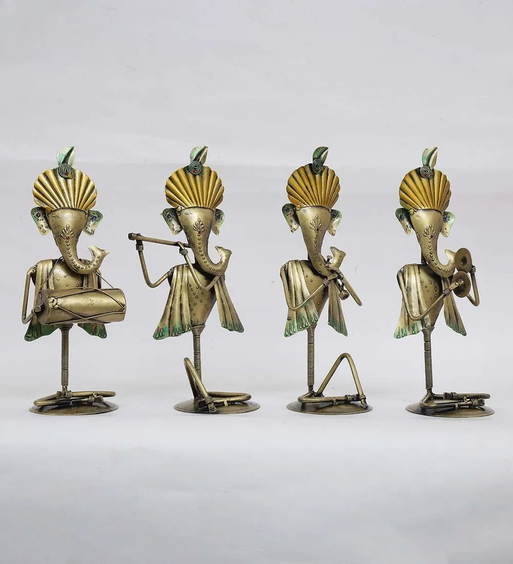 Set of 4 Ganesha Musicians Metal Table Accent Set / Showpiece