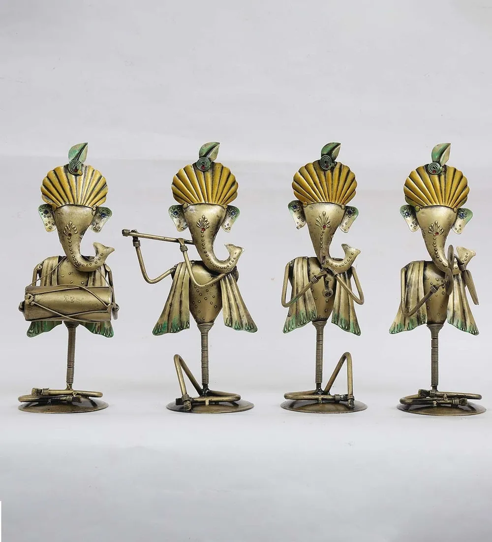 Set of 4 Ganesha Musicians Metal Table Accent Set / Showpiece