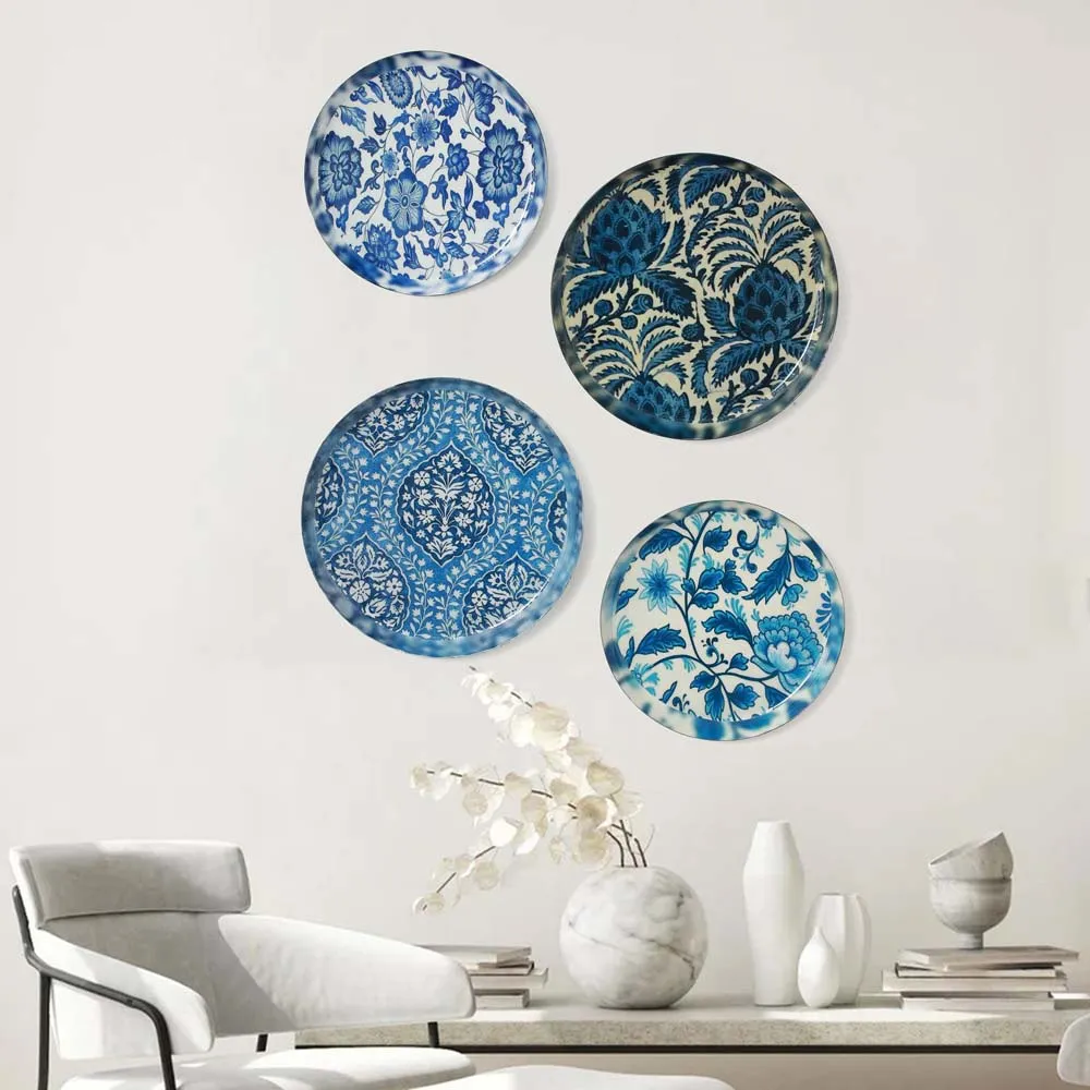 Set of 4 Handcrafted Rajasthani Blue Pottery Wall Decorative Plate Set